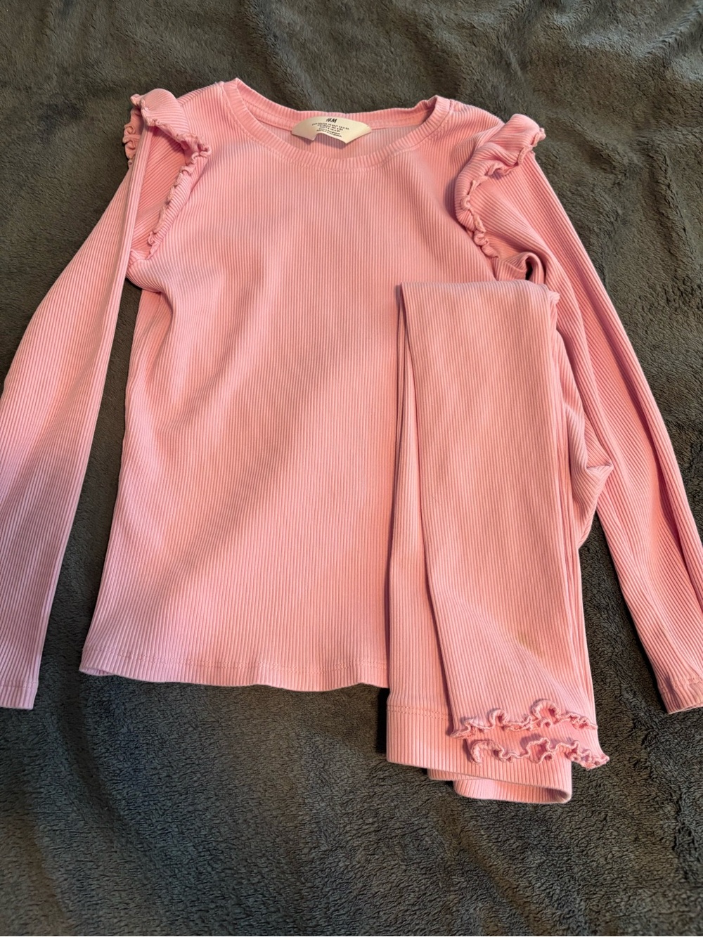 H&M Pink Ribbed Ruffle-Trim Long Sleeve Top and Leggings Set - slight dirt stain